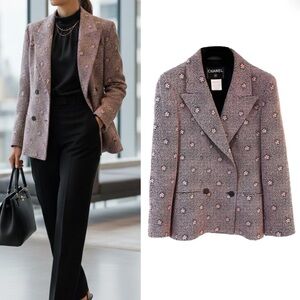 CHANEL Pink Black Floral Camellia Embossed Tweed Blazer sz. 44 | US L